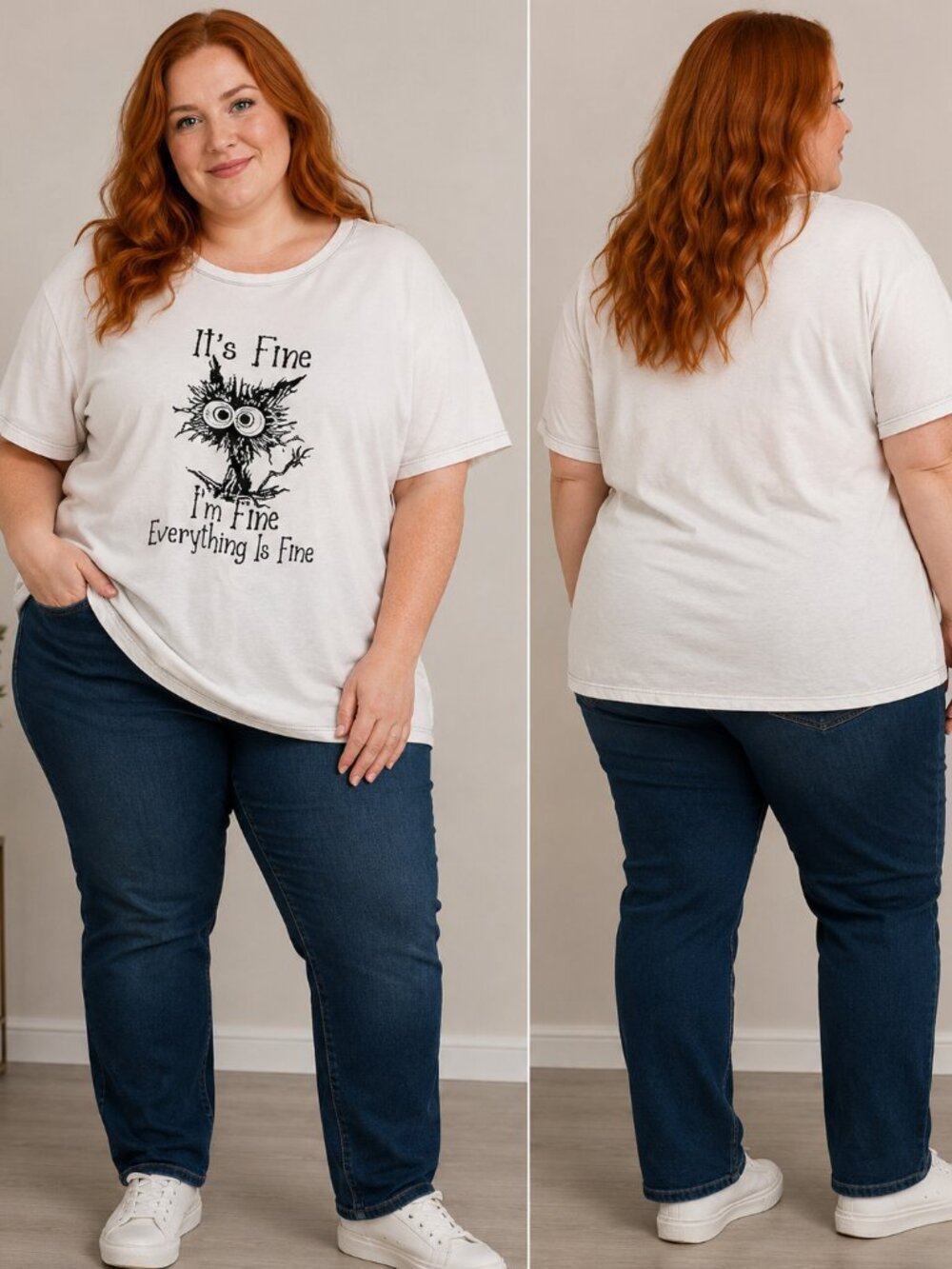 Women's 4XL It's Fine I'm Fine Everything Is Fine Graphic Tee White Short Sleeve